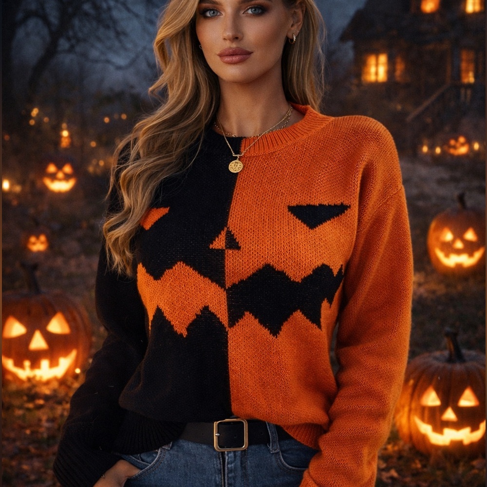 Black Orange Jack O’ Lantern Colorblock Halloween Sweater
